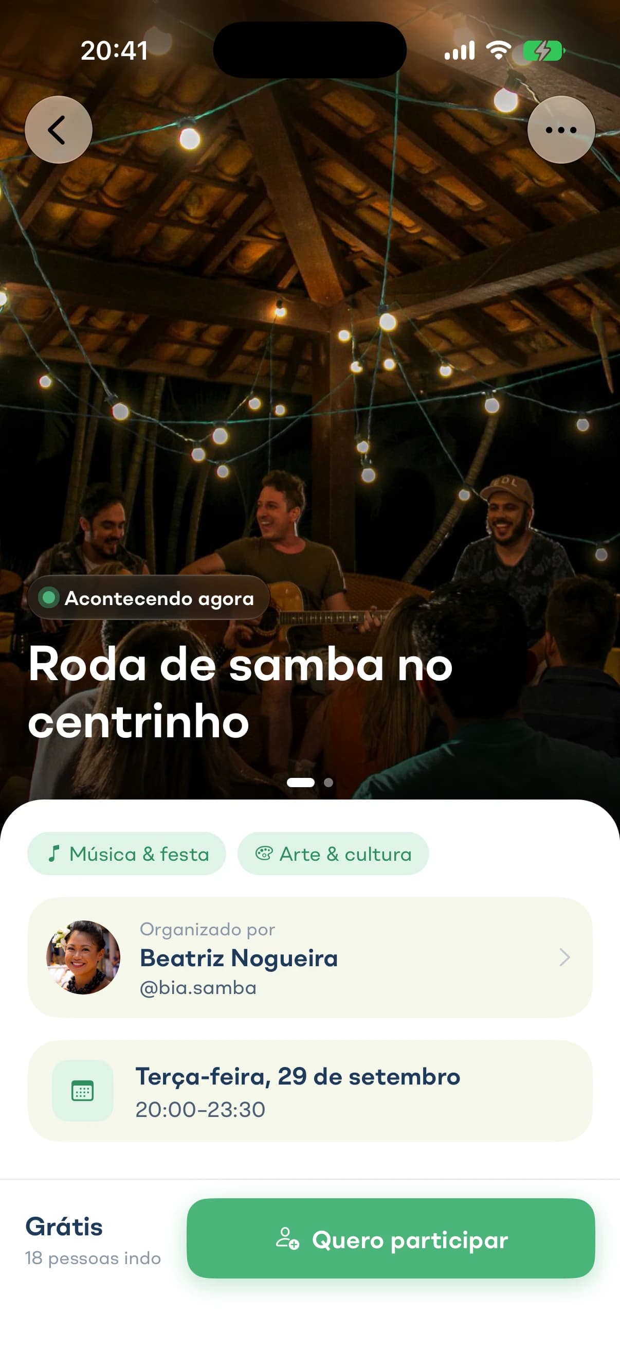 Página de uma atividade com quem organiza e quando acontece