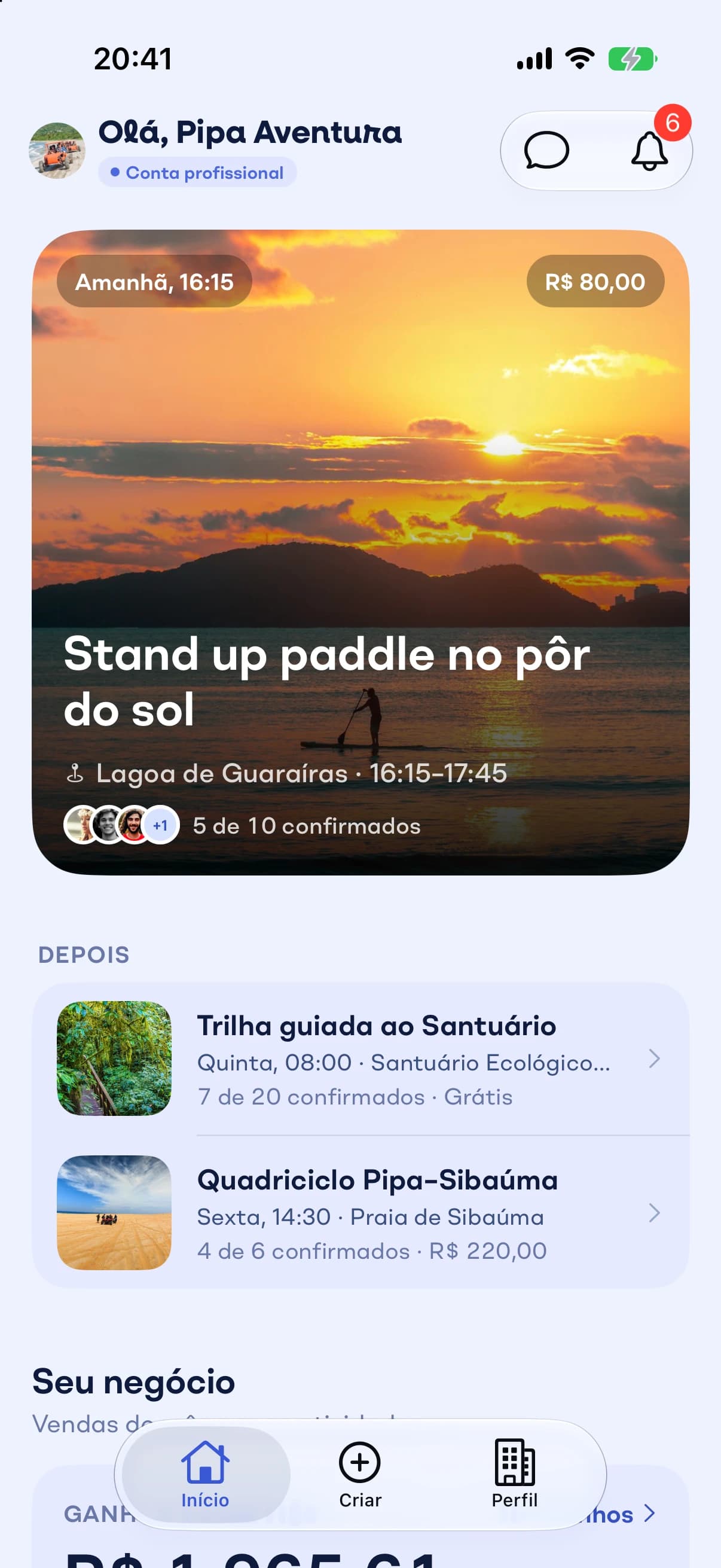 Início de uma conta profissional com a próxima atividade e os ganhos do mês