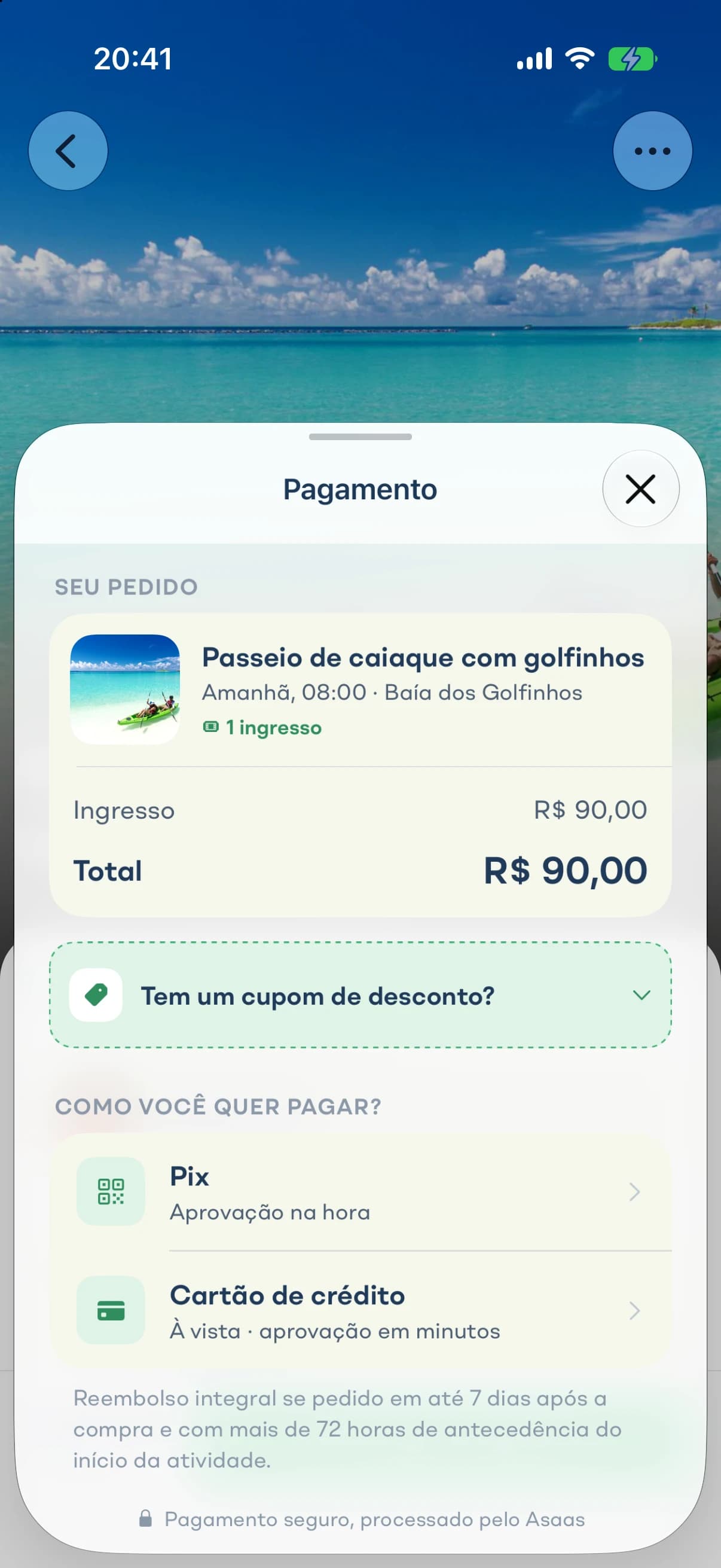 Pagamento de um ingresso com Pix ou cartão