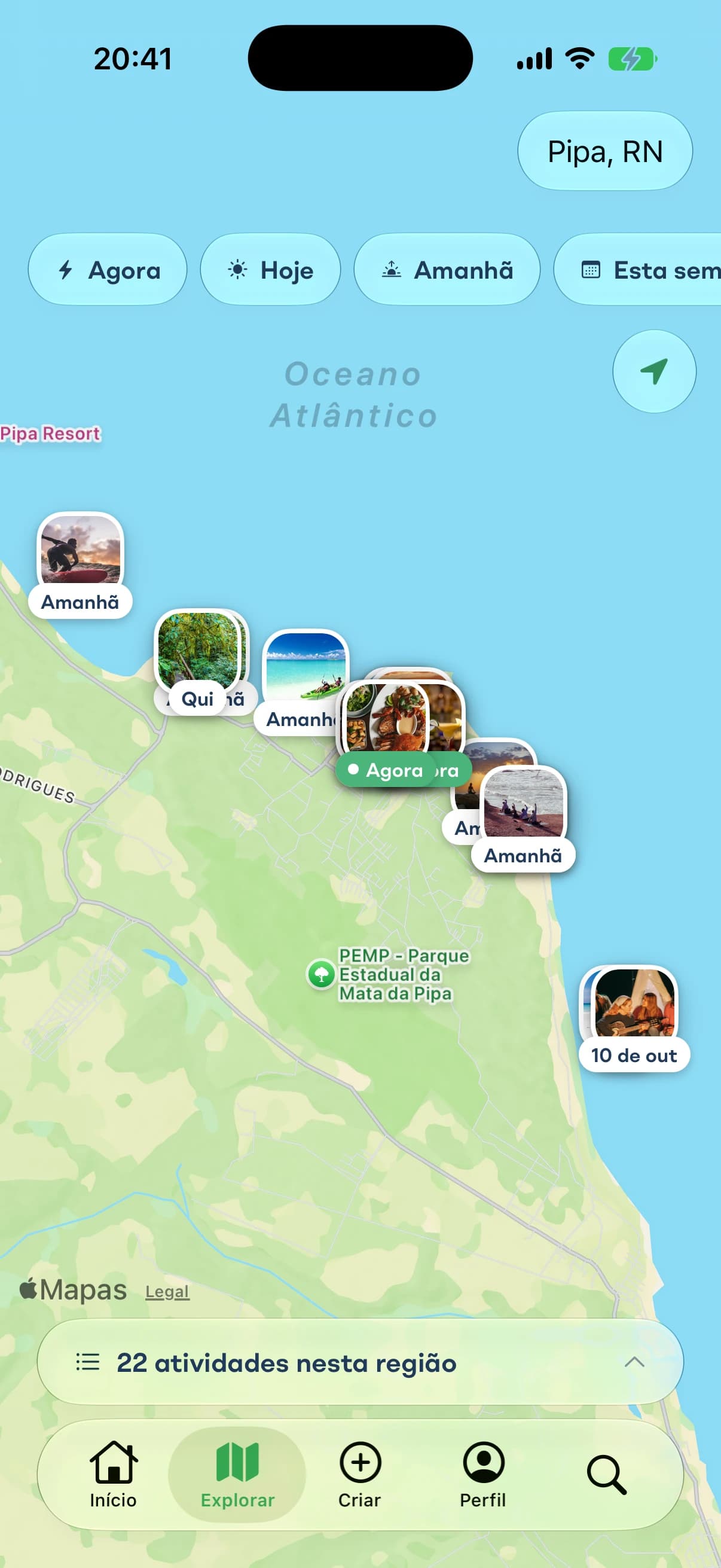 Mapa com as atividades acontecendo na região